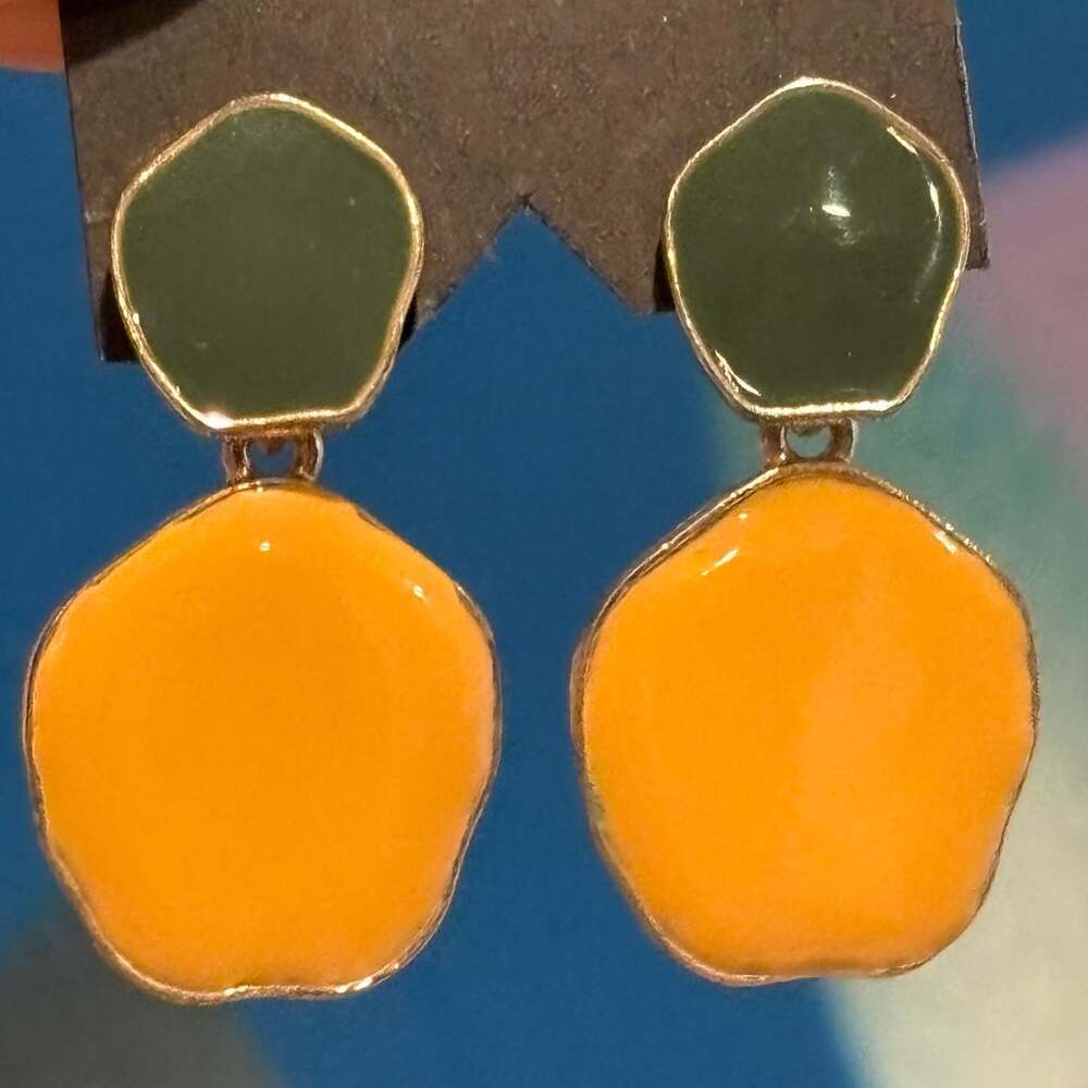 Irregular Enamel Dangle Earrings Green Top Orange Bottom Discs